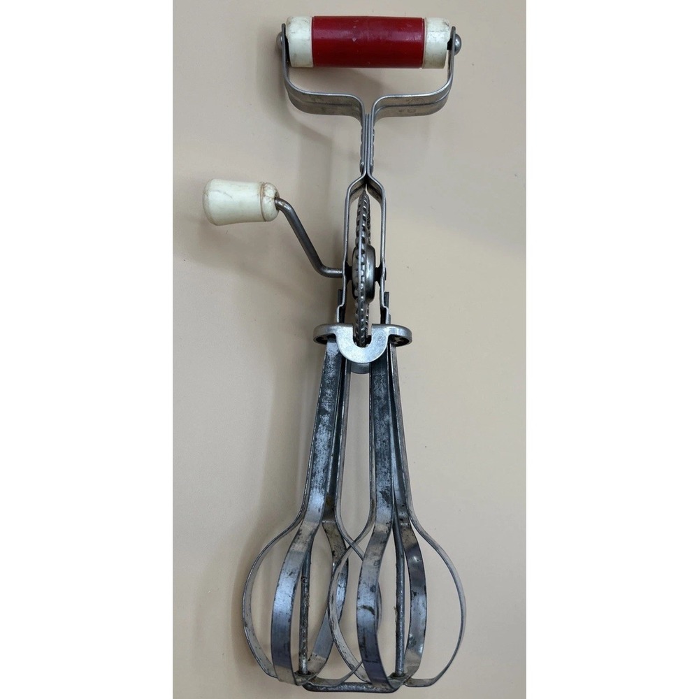 Vintage Androck Red Handle Rotary Hand Mixer Beater Stainless Retro Kitchen Tool